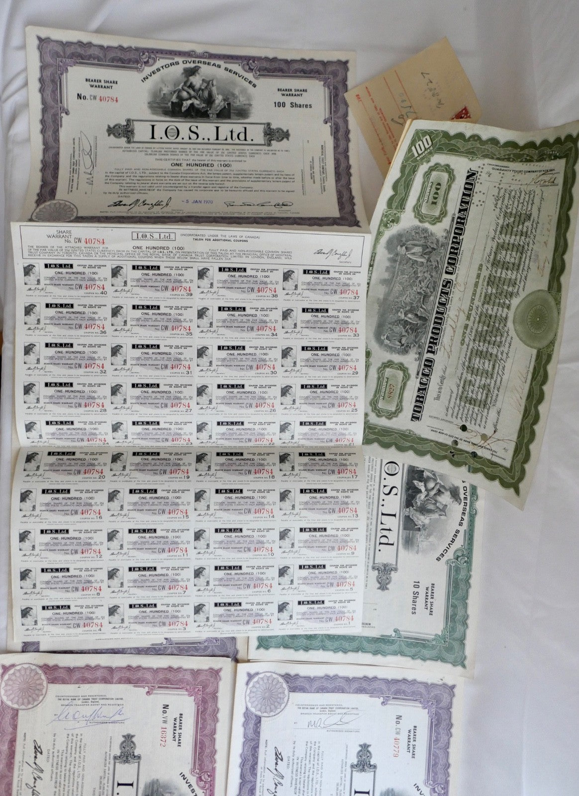 6x Aktien I.O.S. Ltd. Overseas & Tobacco Products Corporation Stock Wertpapier