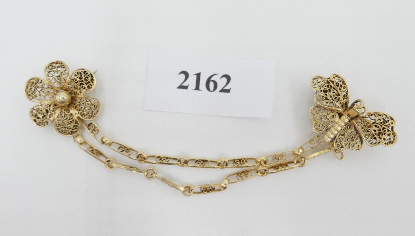 Filigrane 835 Silber Doppel Brosche vergoldet 10cm Blatt & Schmetterling Motiv - Antikhandel-Stuttgart