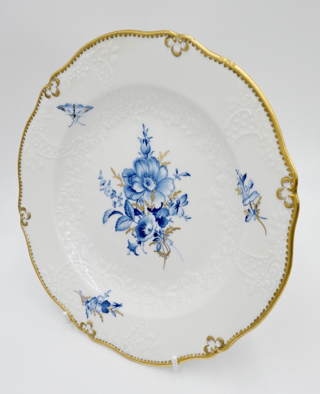 Meissen Porzellan Relief Teller Ø 25cm Goldrand Blumen Schmetterling Blau 3701 - Antikhandel-Stuttgart