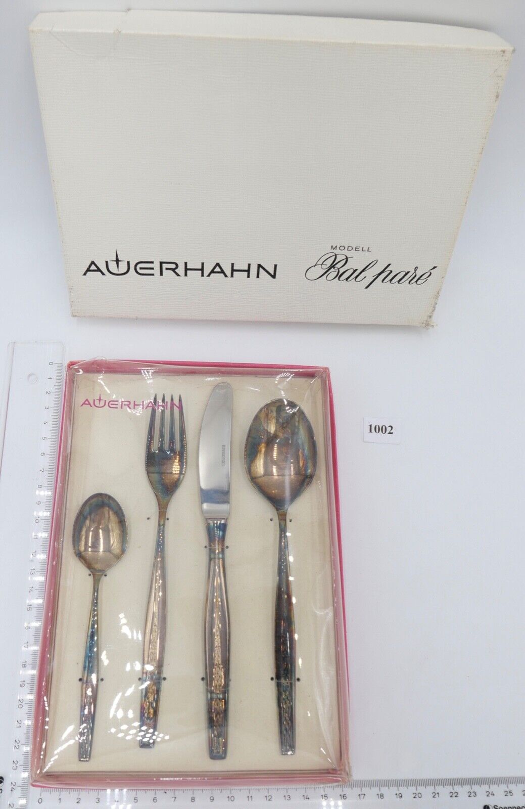 - NEU - OVP 4 Tlg AUERHAHN BAL PARÉ Menübesteck 90er Silber Löffel Gabel Messer - Antikhandel-Stuttgart