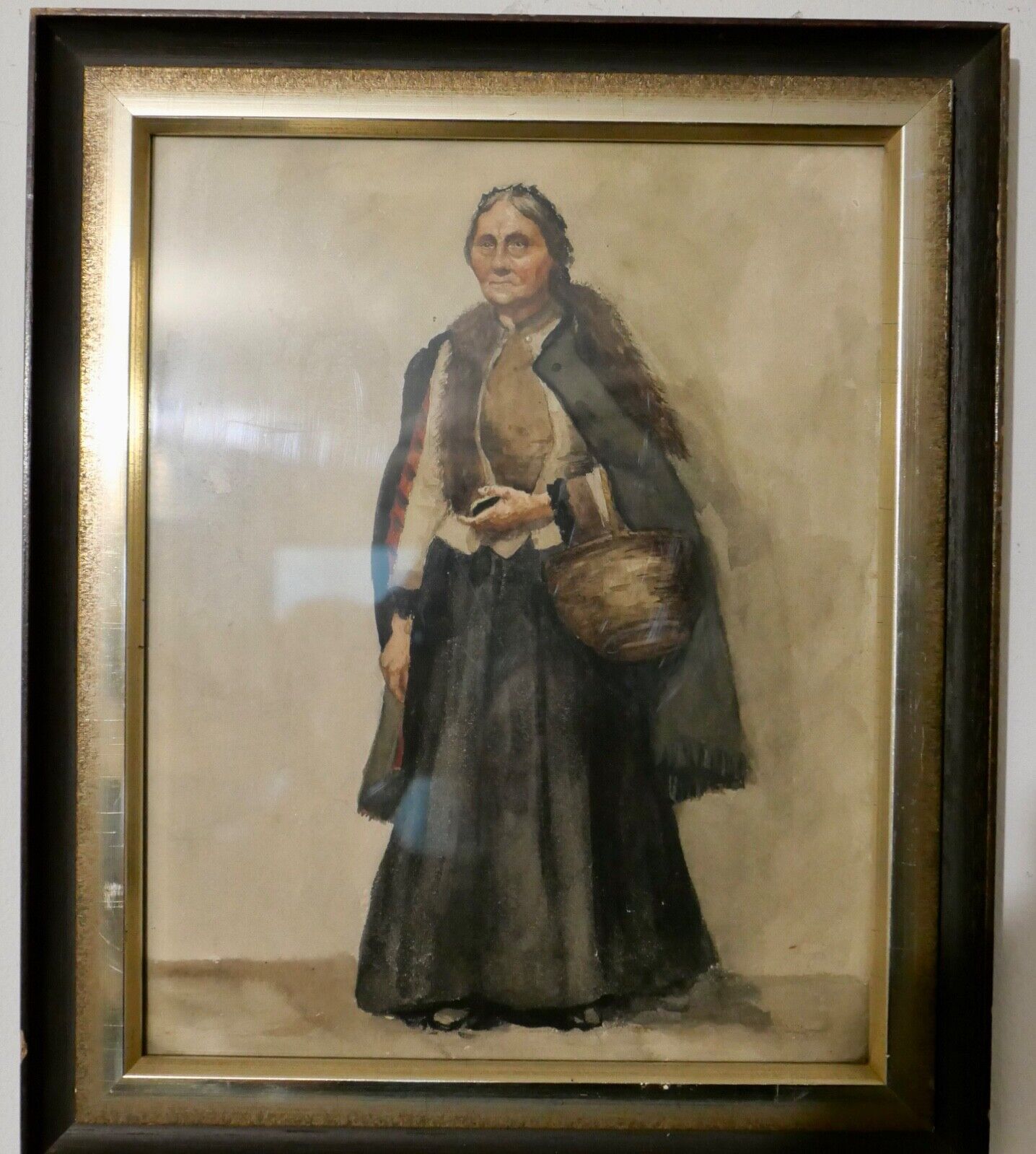 Altes Aquarell Portrait Gemälde Rahmen FRAU MIT KORB 36x30 cm - Antikhandel-Stuttgart