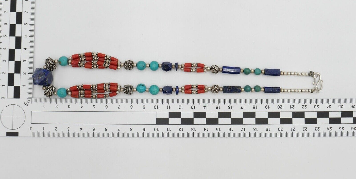 925 Silber Collier 47 cm mit Lapislazuli / Lapis / Türkis / Koralle - Antikhandel-Stuttgart