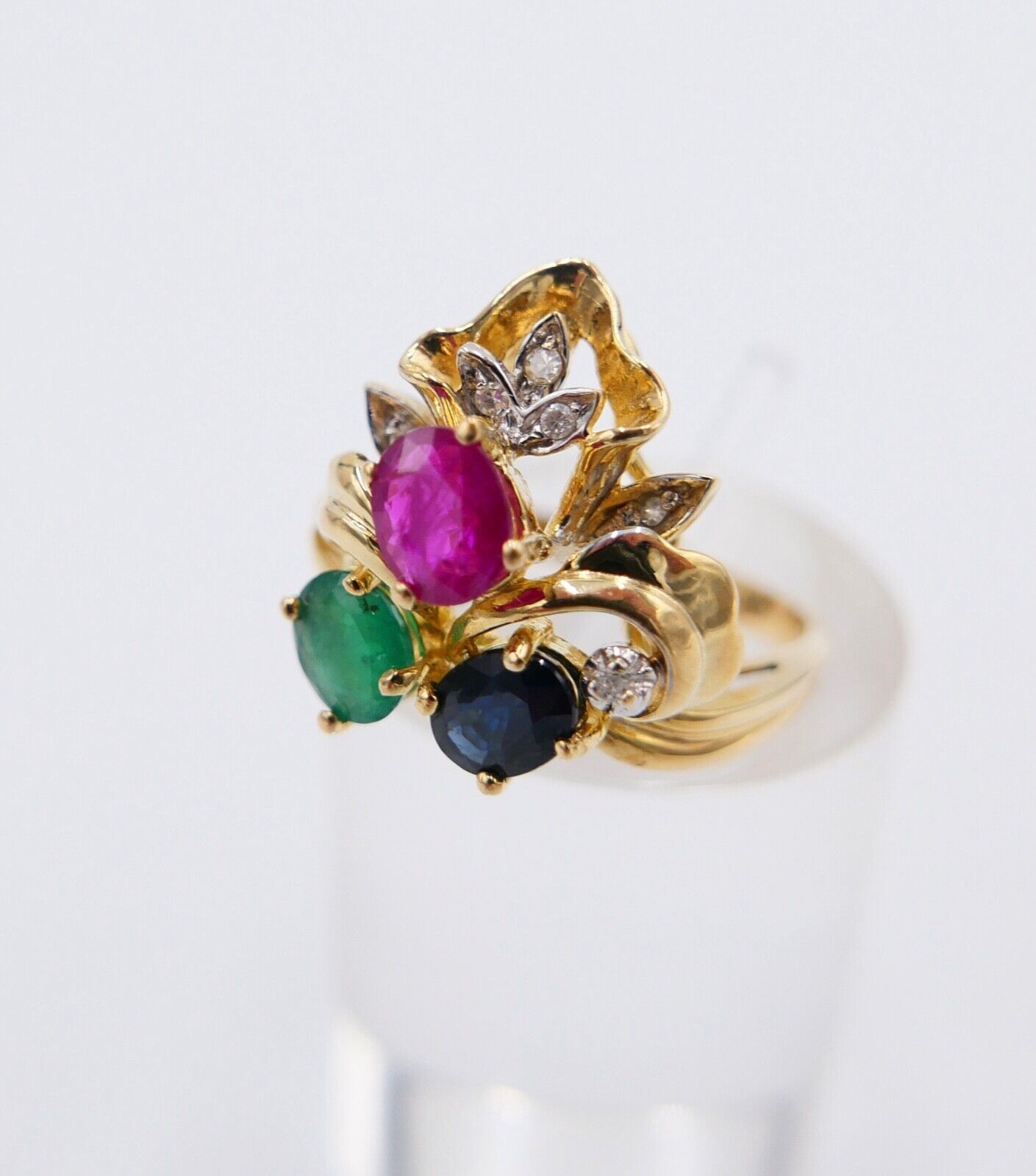 Gelbgold Ring Bunte Edelsteine 585 14K Gr.54 Diamant Smaragd Rubin Saphir 1,11Ct - Antikhandel-Stuttgart