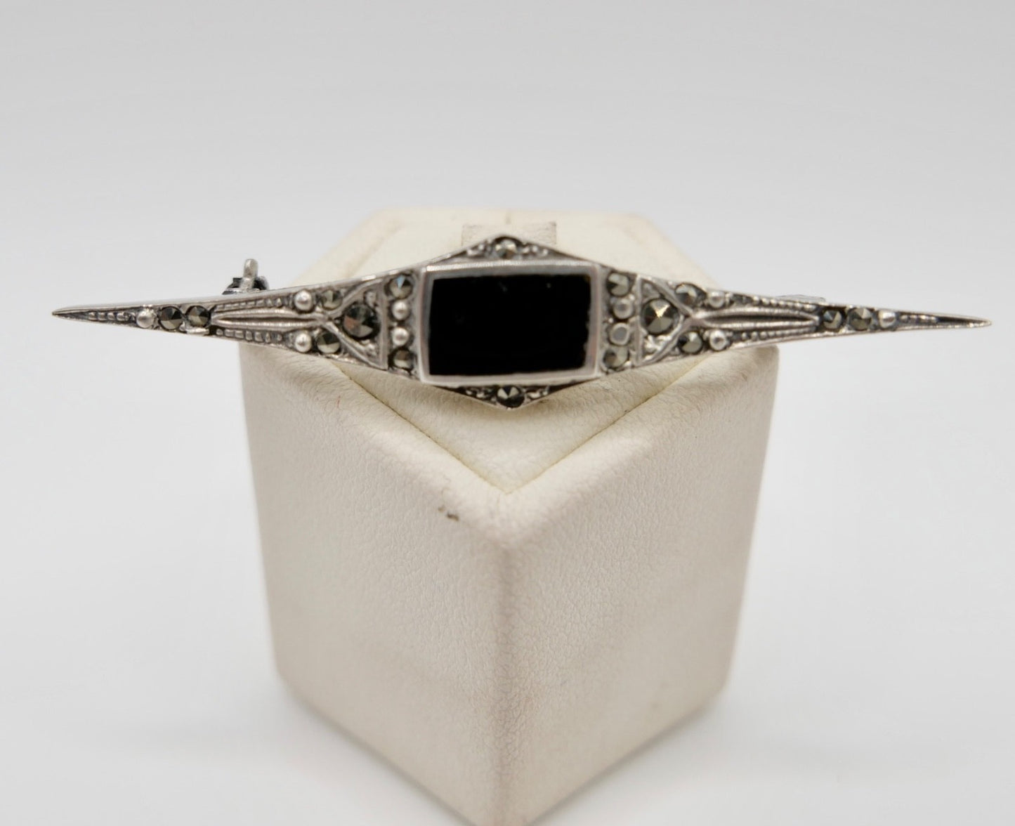 Silber Brosche Art Déco Markasit & Onyx um 1930 Sterling 925 antik