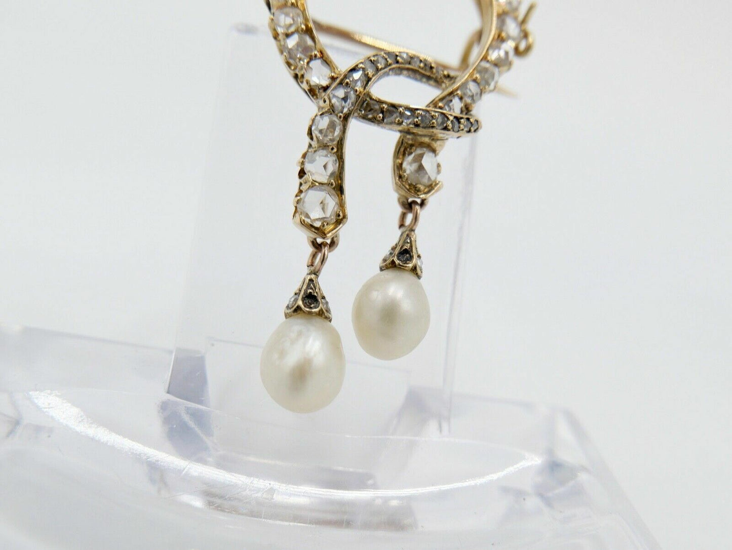 Antike um 1850 Gold Diamant Perle Schleifen Brosche 2,3Ct 585 14K Rosenschliff - Antikhandel-Stuttgart