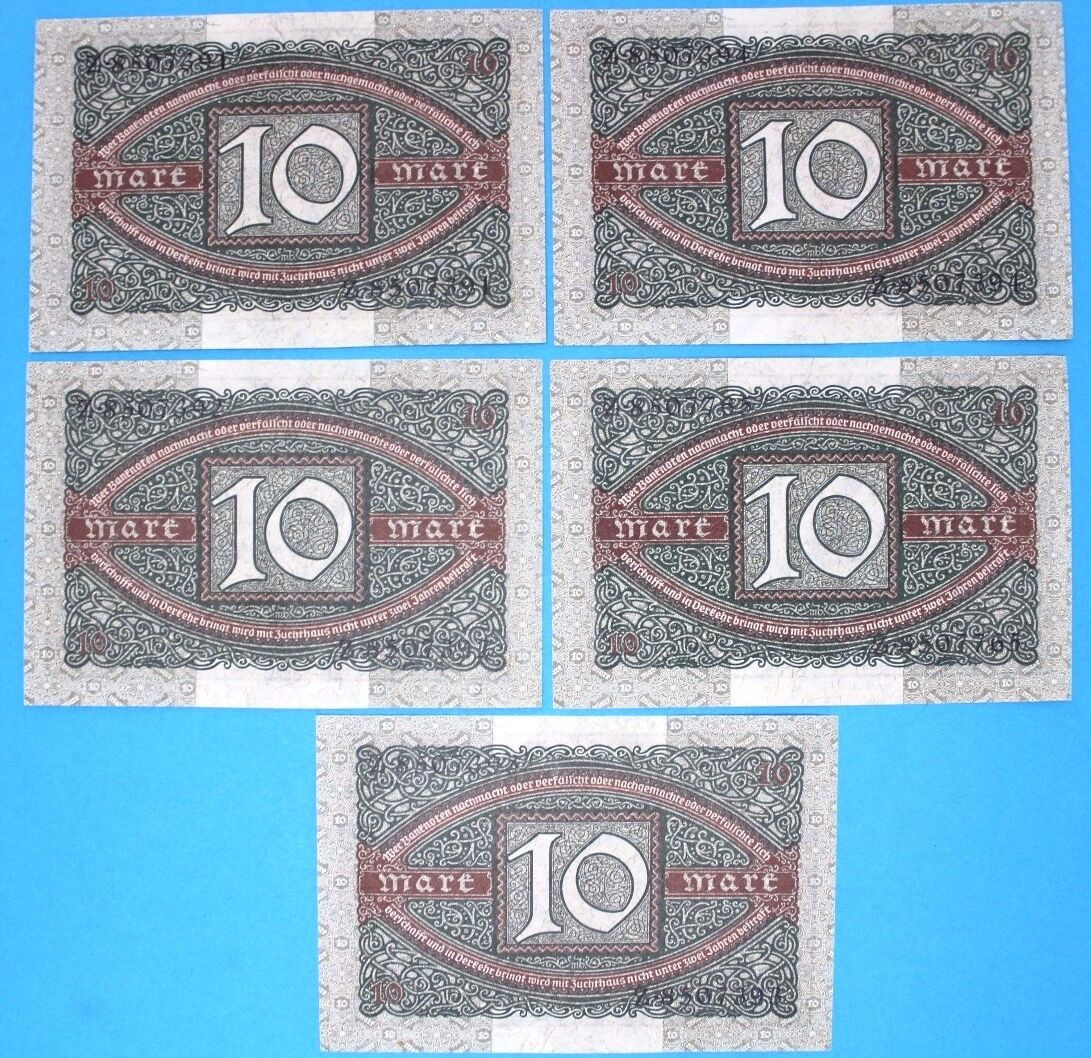 5x Ro. 63a Banknote 10 Zehn Mark 1920 old Bill KSF UNC fortlaufende Nr. TOP - Antikhandel-Stuttgart
