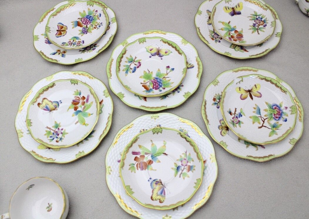 39 Tlg Herend Queen Victoria " Kaffees & Tee Service " Green Border Grün 1.Wahl - Antikhandel-Stuttgart