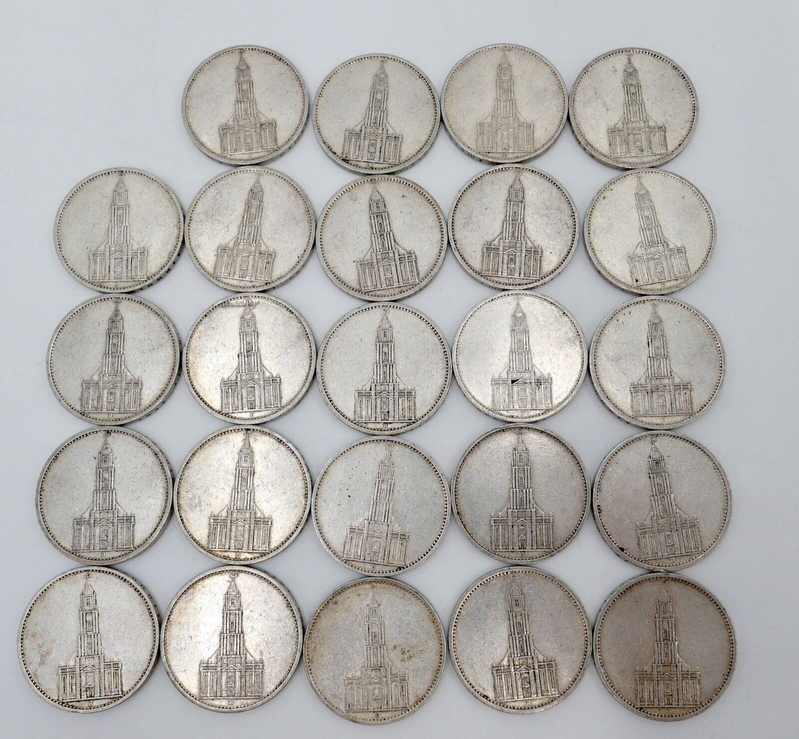 24x 5 Reichsmark 900 Silbermünzen J. 357 Garnisonskirche 1935 aus Münzrolle - Antikhandel-Stuttgart