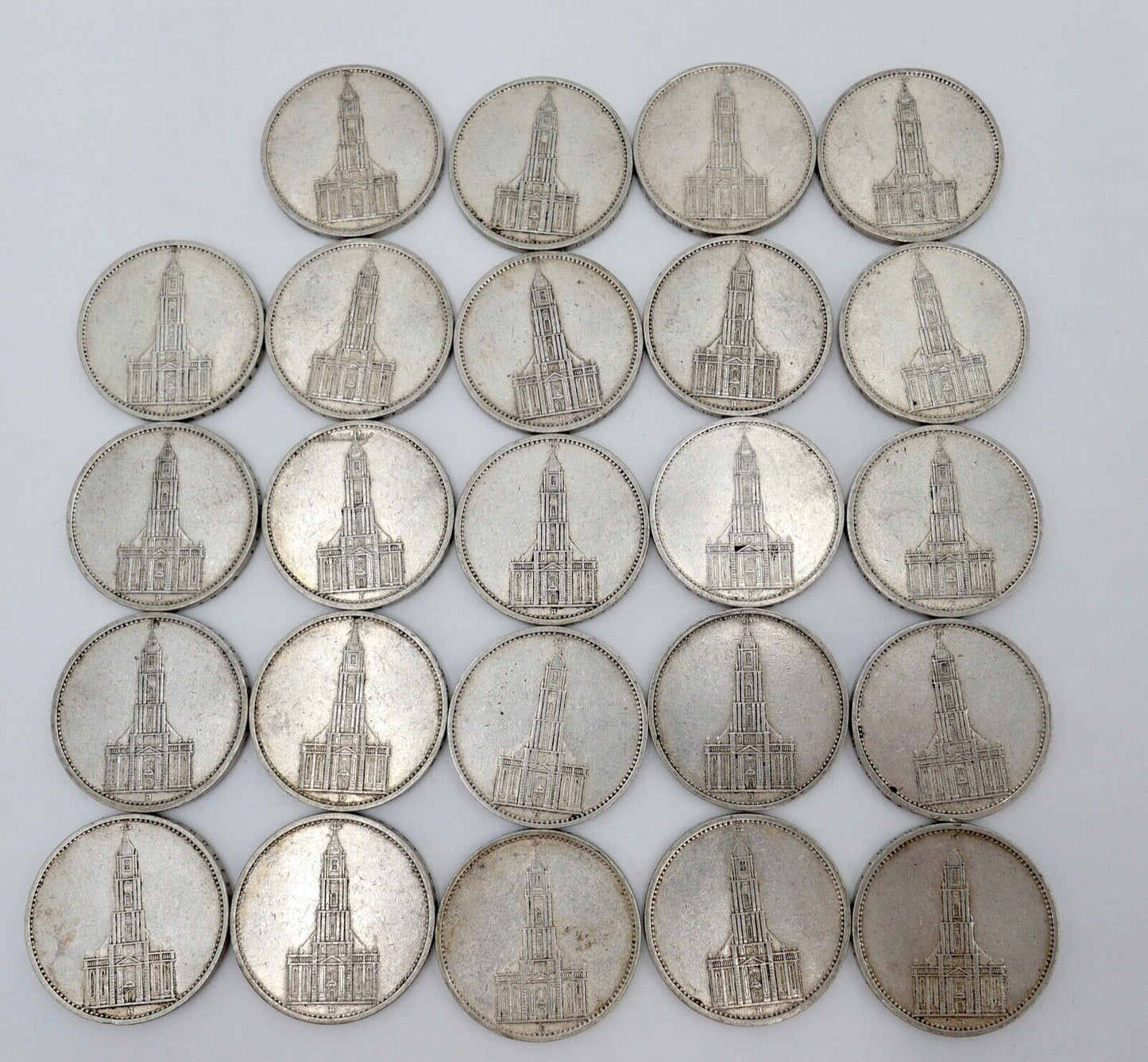 24x 5 Reichsmark 900 Silbermünzen J. 357 Garnisonskirche 1935 aus Münzrolle - Antikhandel-Stuttgart
