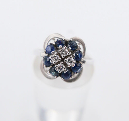 Damen Cocktail Ring 585 14K synthetisch Saphir Brillant Weißgold Gr. 62 0,38 Ct - Antikhandel-Stuttgart