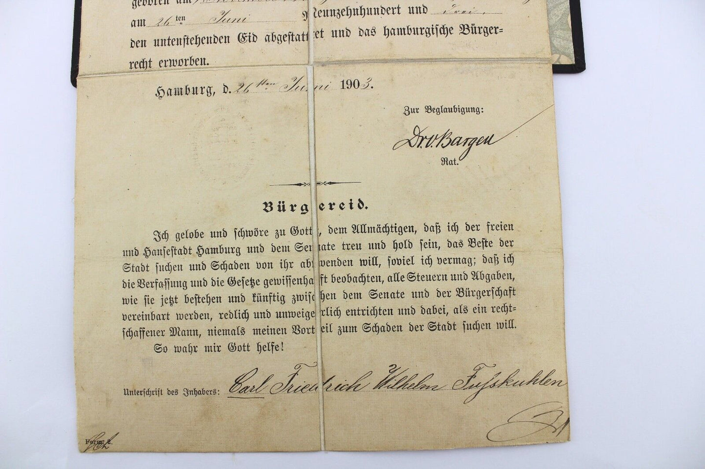 Bürgerrecht Urkunde 1903 Bürgereid freie Hansestadt Hamburg Civil rights certifi - Antikhandel-Stuttgart