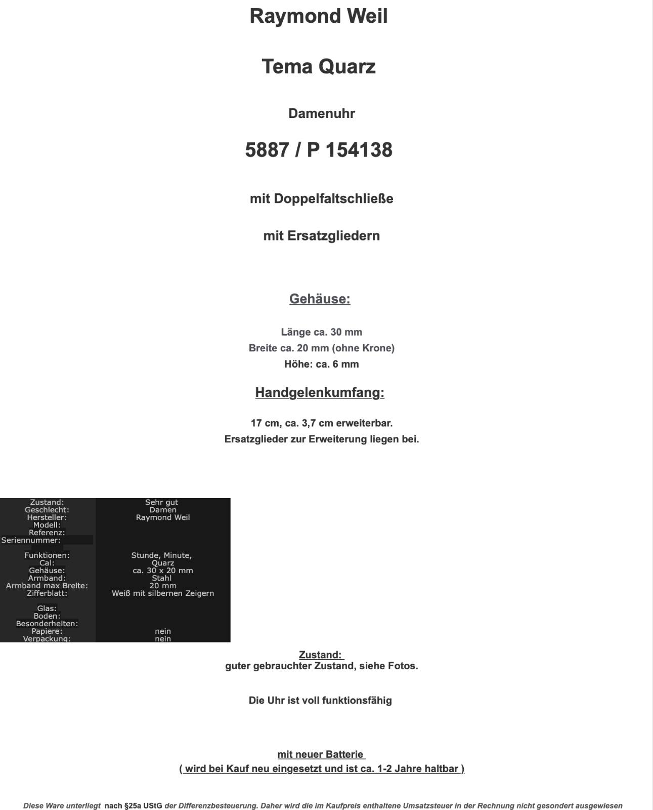 Raymond Weil Tema Quarz Damenuhr 5887 / P 154138 Edelstahl - Antikhandel-Stuttgart