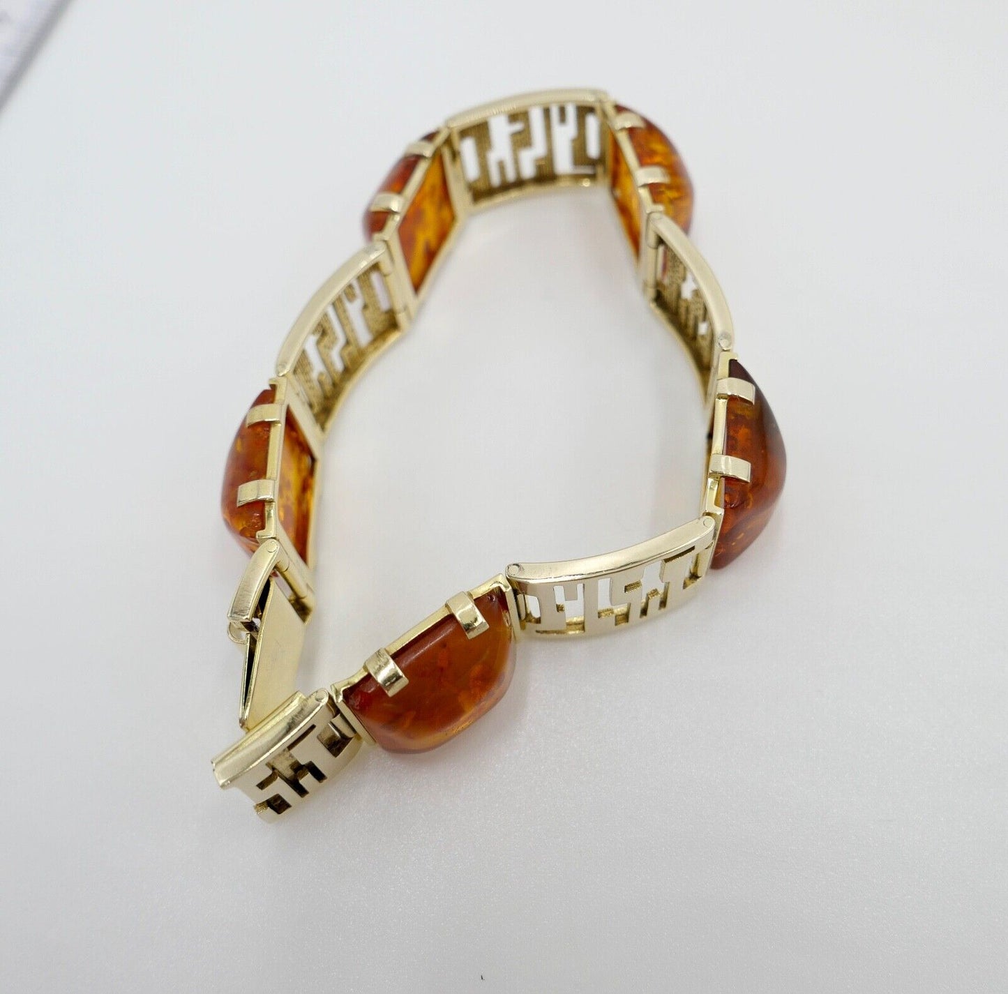 1980er Bernstein Armband Armschmuck 333 / 8K Gelb Gold Amber 18,5 cm - Antikhandel-Stuttgart
