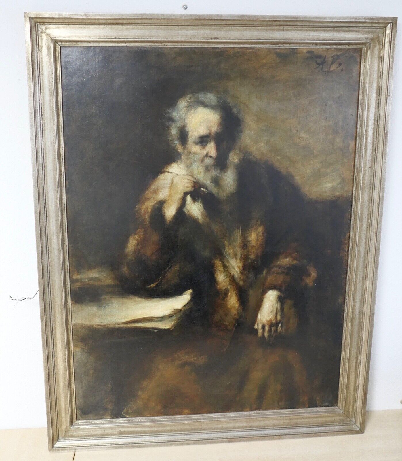 136 x 106 cm MONOGRAMMIST A.B. / A.V. Maler 19. Jh. " Gelehrter im Pelzmantel " - Antikhandel-Stuttgart