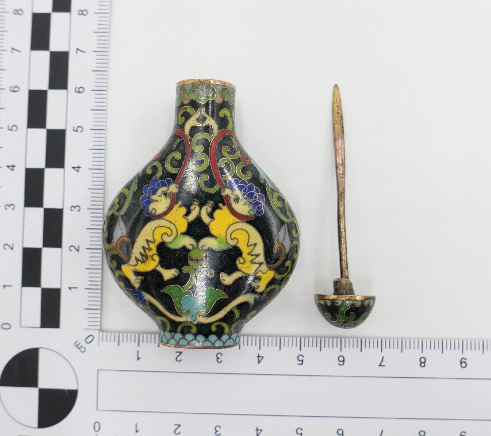 Alte Schnupftabakflasche Cloisonné Bronze CHINA Drachenmotive - Antikhandel-Stuttgart