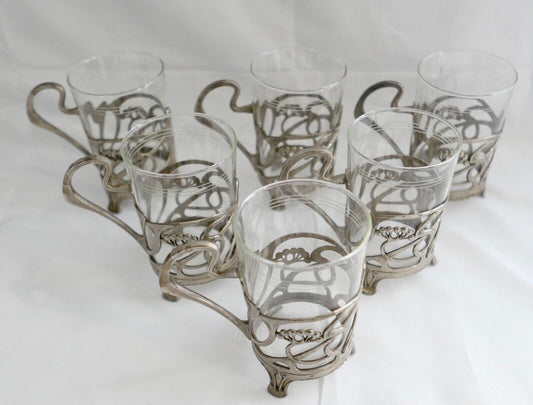 Set 6x Jugendstil Teeglashalter versilbert mit Schott Mainz JENAer Glas um 1900 - Antikhandel-Stuttgart