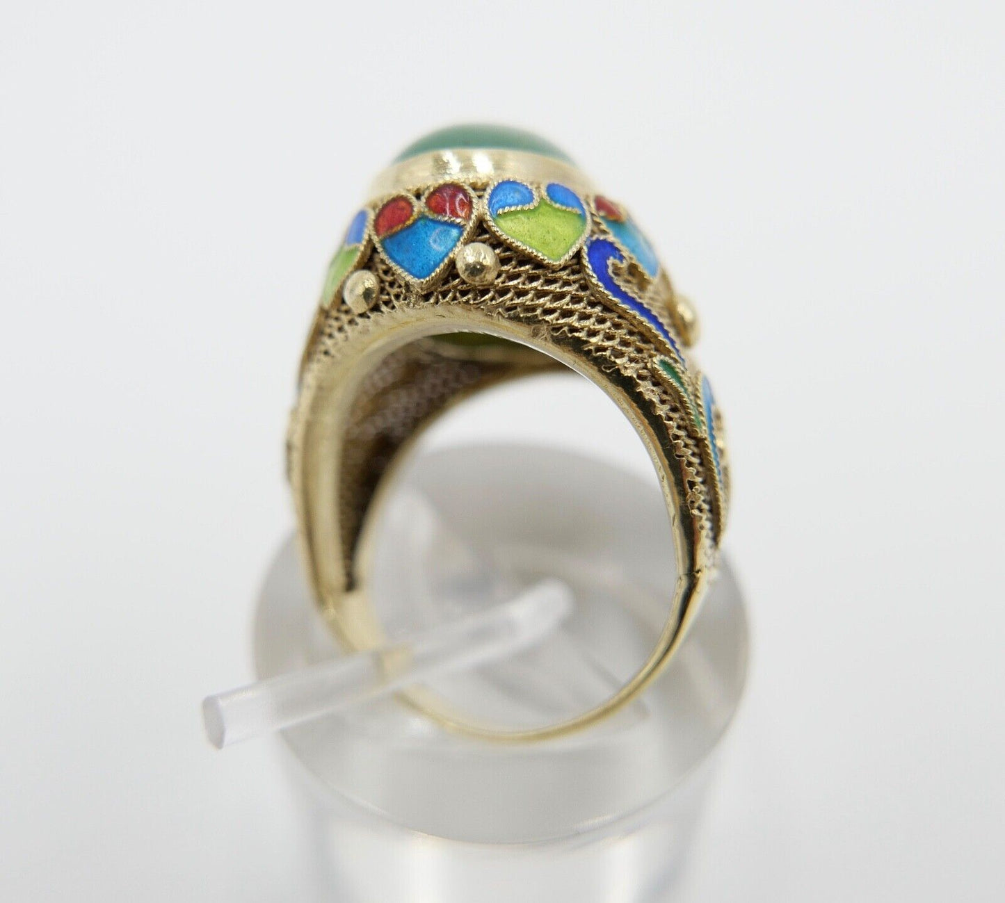 Alter Silber Ring China Silver Emaille & Jade Cabochon Email Gr. 51 vergoldet - Antikhandel-Stuttgart