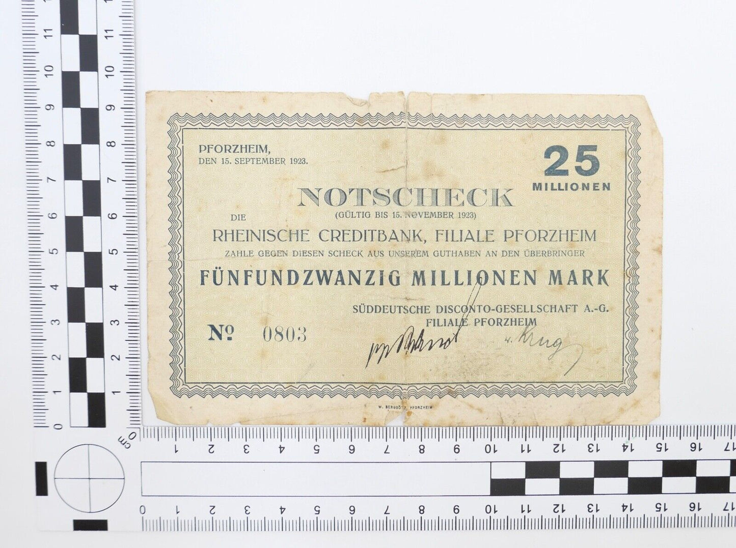 Notscheck 25 Millionen 1923 Pforzheim Süddeutsche Rheinische Creditbank - Antikhandel-Stuttgart