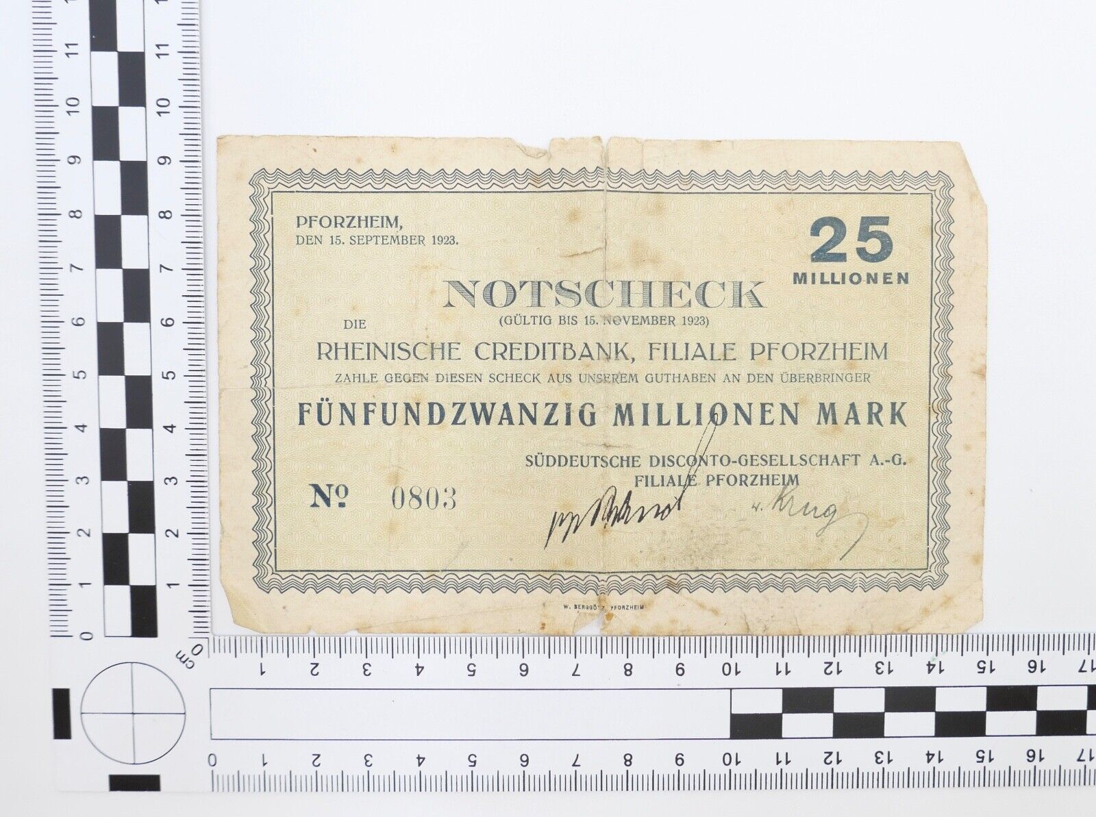 Notscheck 25 Millionen 1923 Pforzheim Süddeutsche Rheinische Creditbank - Antikhandel-Stuttgart