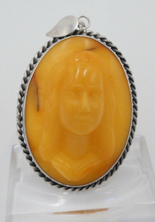 vintage alt Anhänger Silber Bernstein Butterscotch Relief Frauenkopf Amber - Antikhandel-Stuttgart