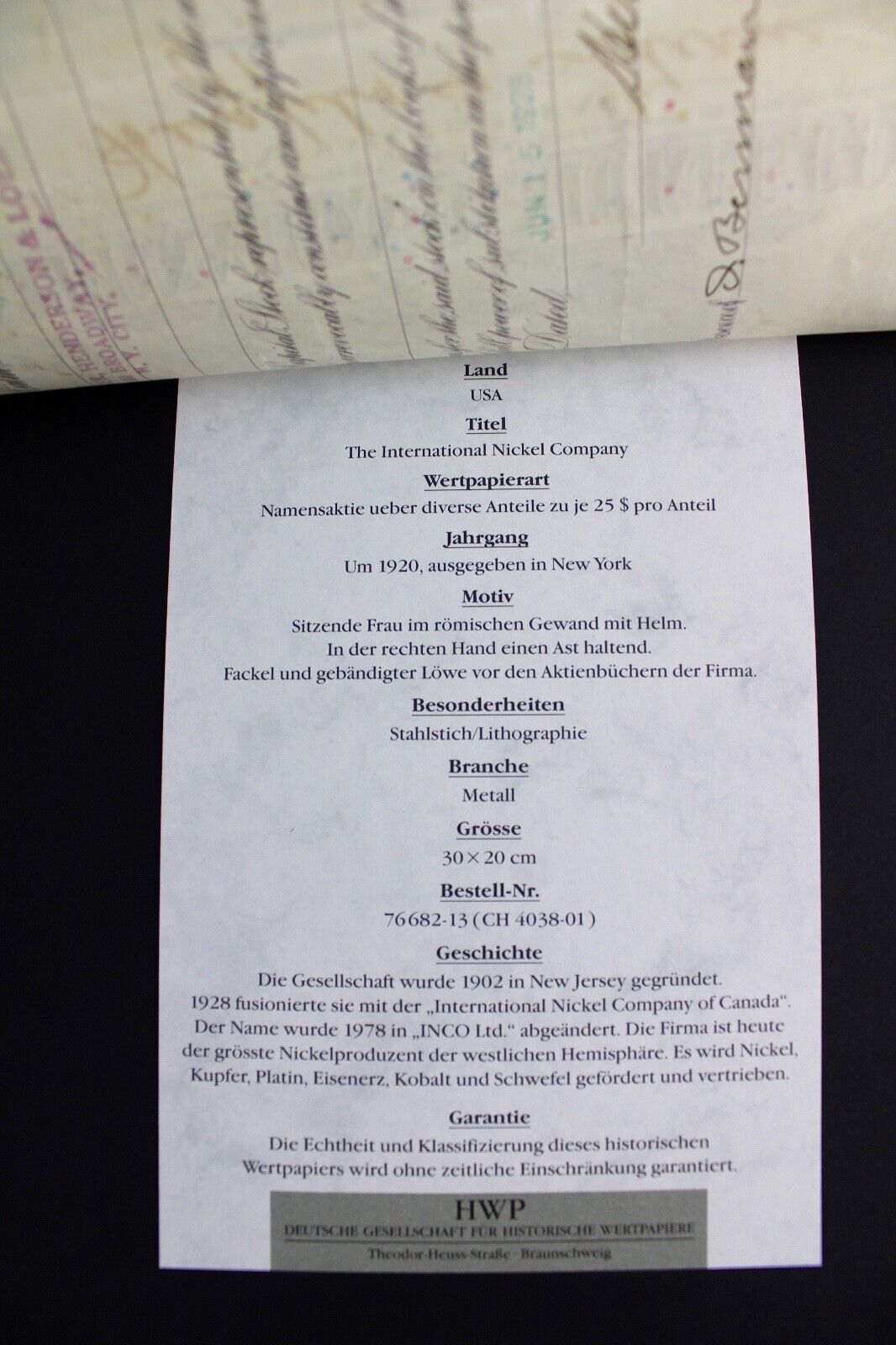 The International Nickel Company 1928 alte USA Aktie Stock Certificate 10 Shares - Antikhandel-Stuttgart