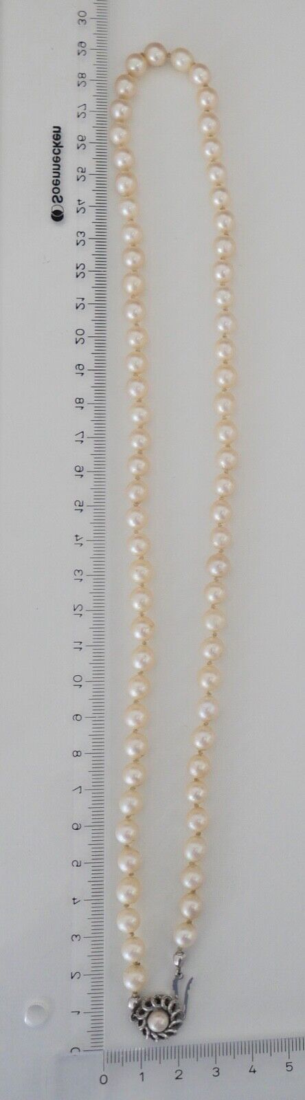 Perlenkette Verschluss Weiß/Gelb Gold 585/14K pearl Ø 6.5 mm Necklace 58 cm - Antikhandel-Stuttgart