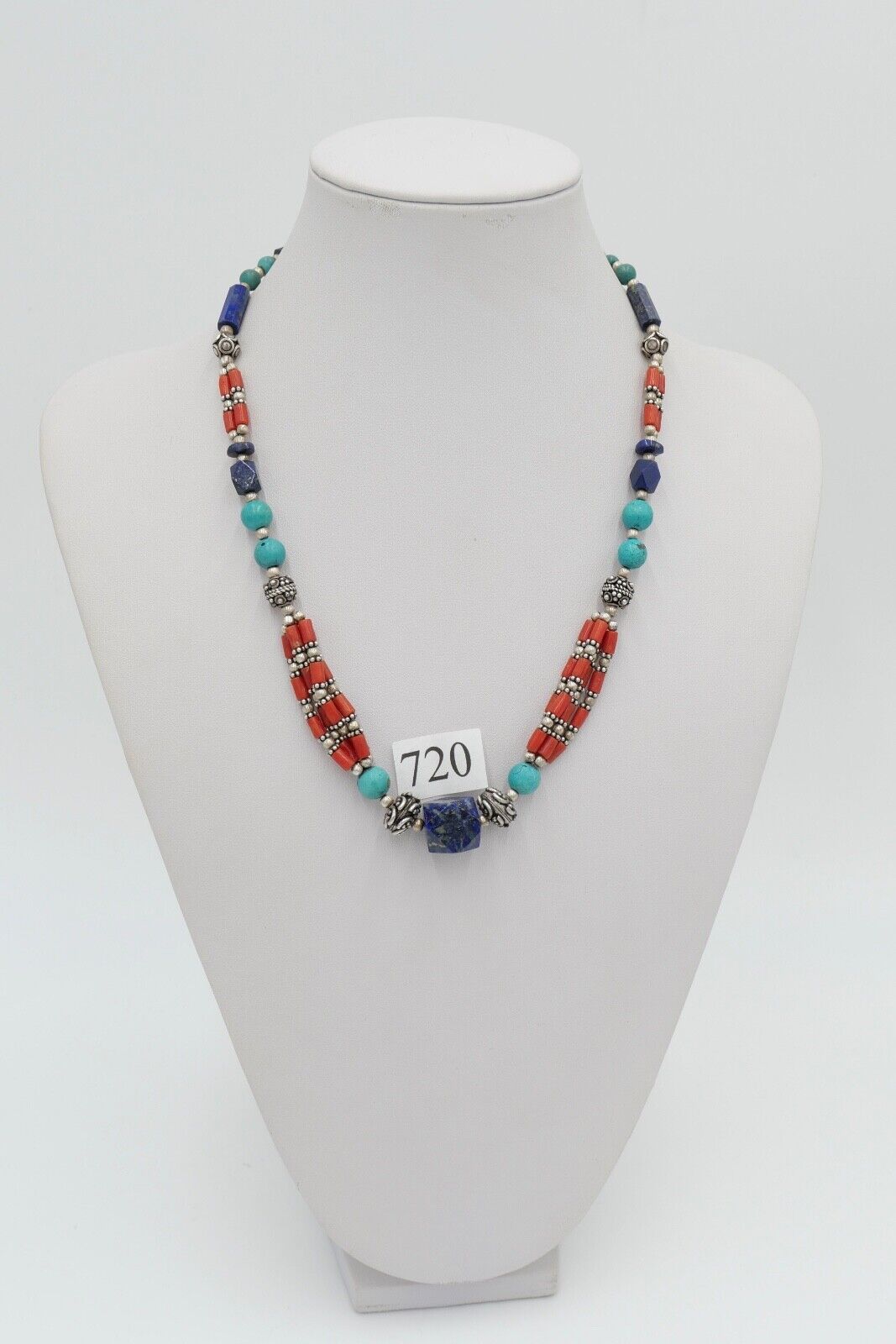 925 Silber Collier 47 cm mit Lapislazuli / Lapis / Türkis / Koralle - Antikhandel-Stuttgart