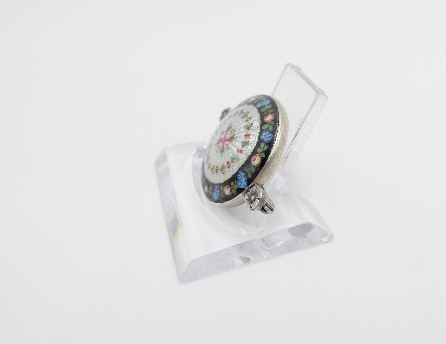 60er Jahre florale Silber Brosche 41 x 30 mm mit Emaille Blumen Rosen - Antikhandel-Stuttgart