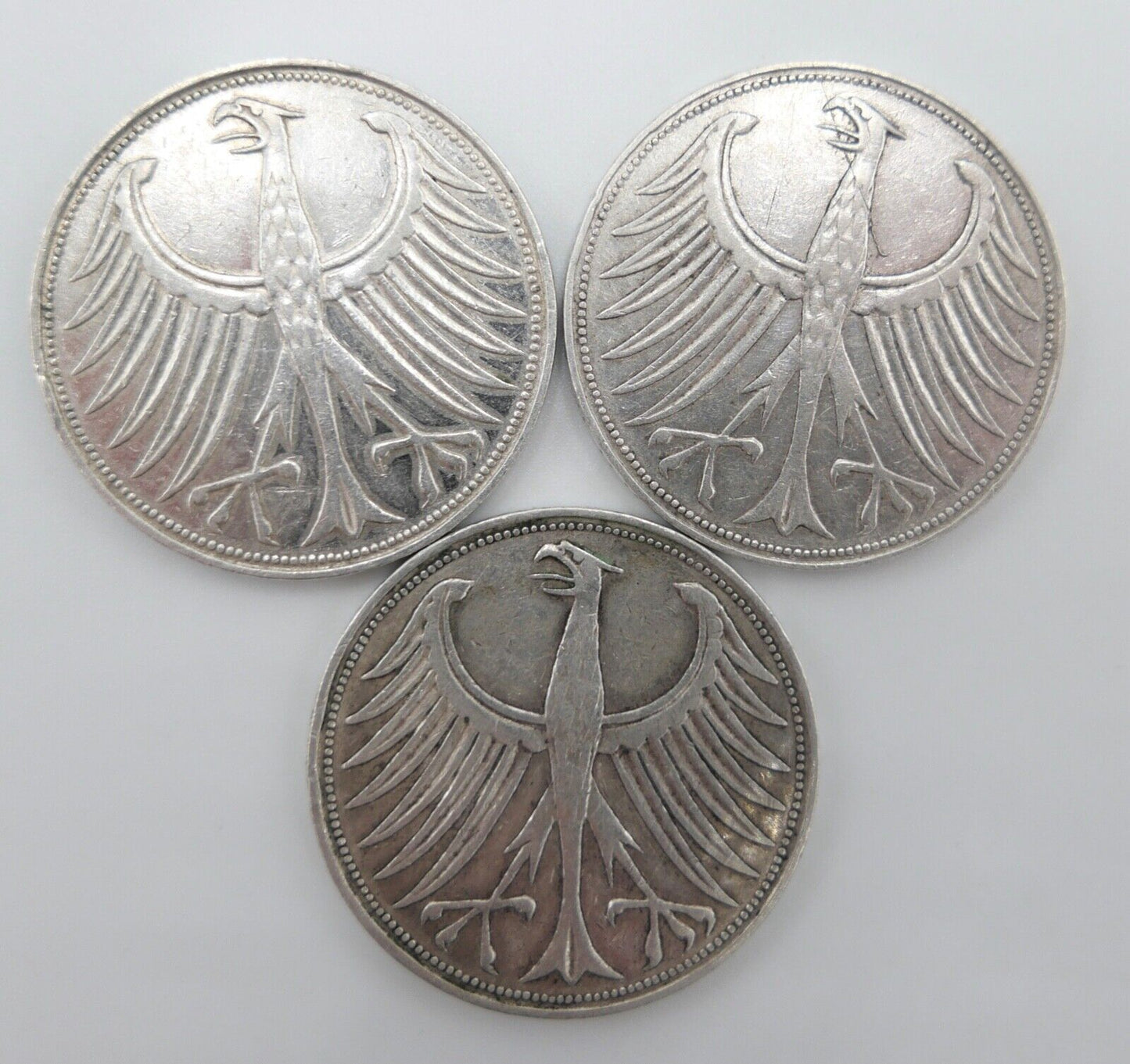 3x 5 DM 1956 J.387 Silbermünzen Silberadler Heiermann D F J - Antikhandel-Stuttgart