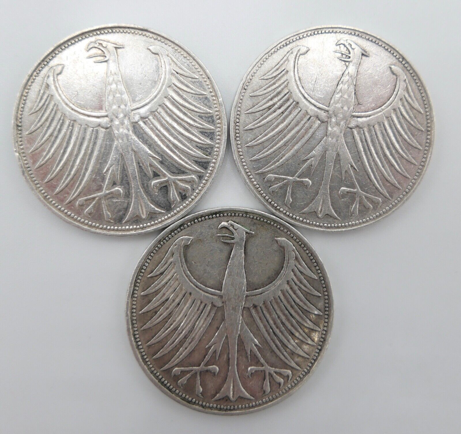 3x 5 DM 1956 J.387 Silbermünzen Silberadler Heiermann D F J - Antikhandel-Stuttgart