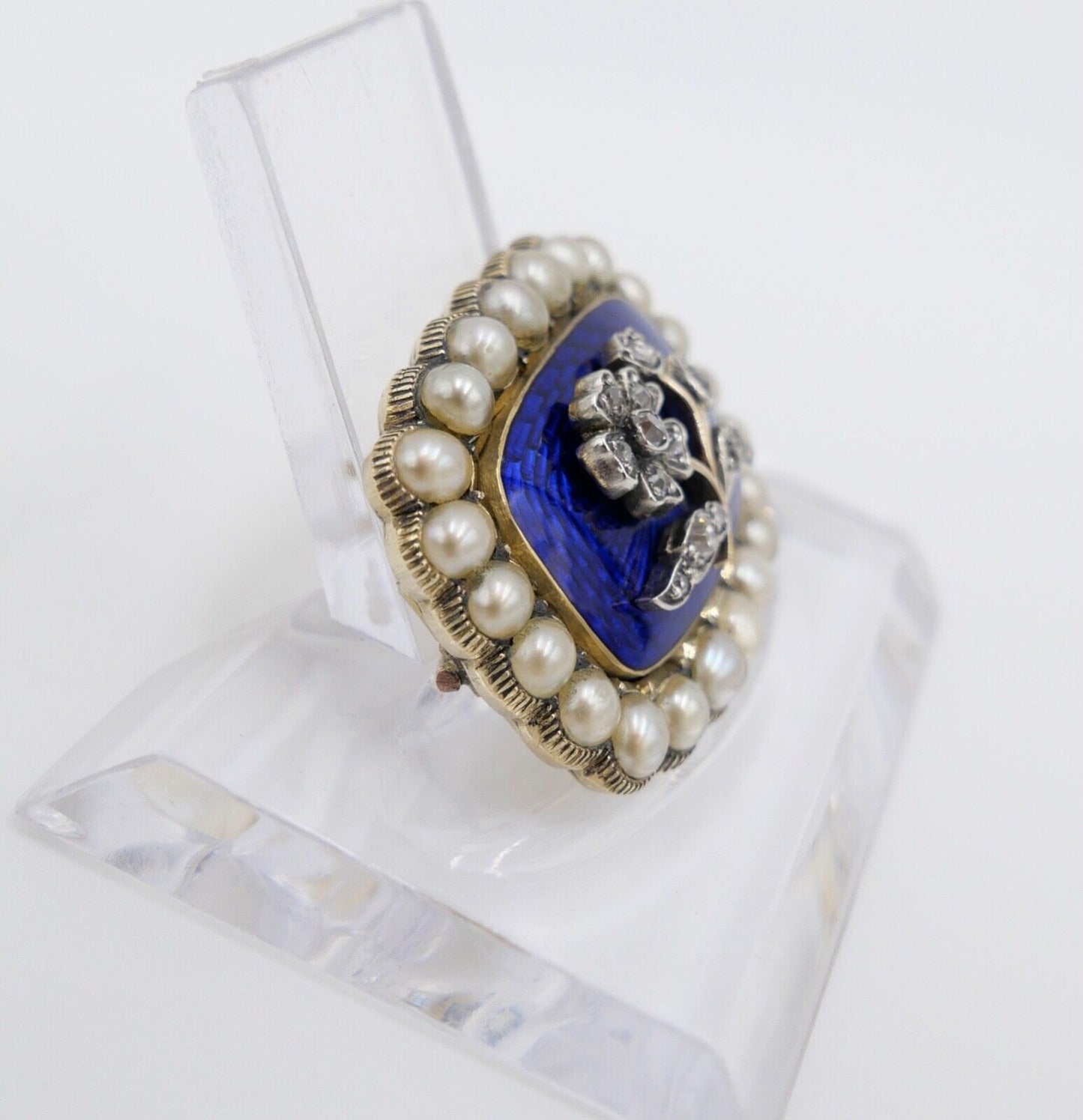 1850 antike Brosche 750 18K Gold viktorianisch floral Diamanten Perlen Emaille - Antikhandel-Stuttgart