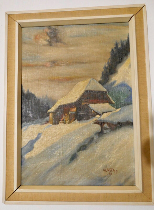 Ölgemälde signiert Fuchs 32 "LANDSCHAFT HÜTTE SCHNEE " 40x30 cm BILD - Antikhandel-Stuttgart