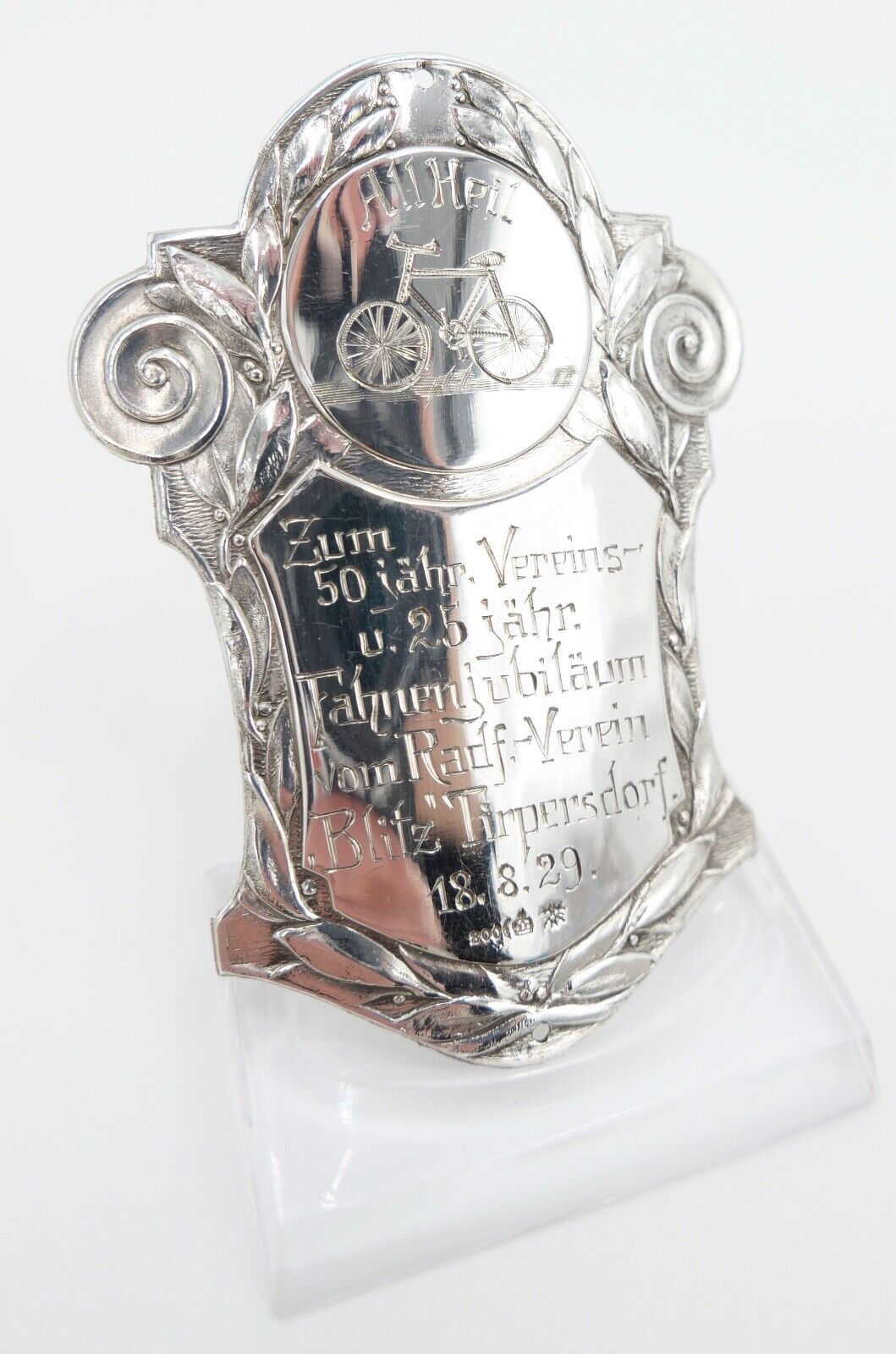 Fahrrad Plakette 1929 Silber 800 Jubiläum BLITZ Tirpersdorf Ralf.-Verein - Antikhandel-Stuttgart
