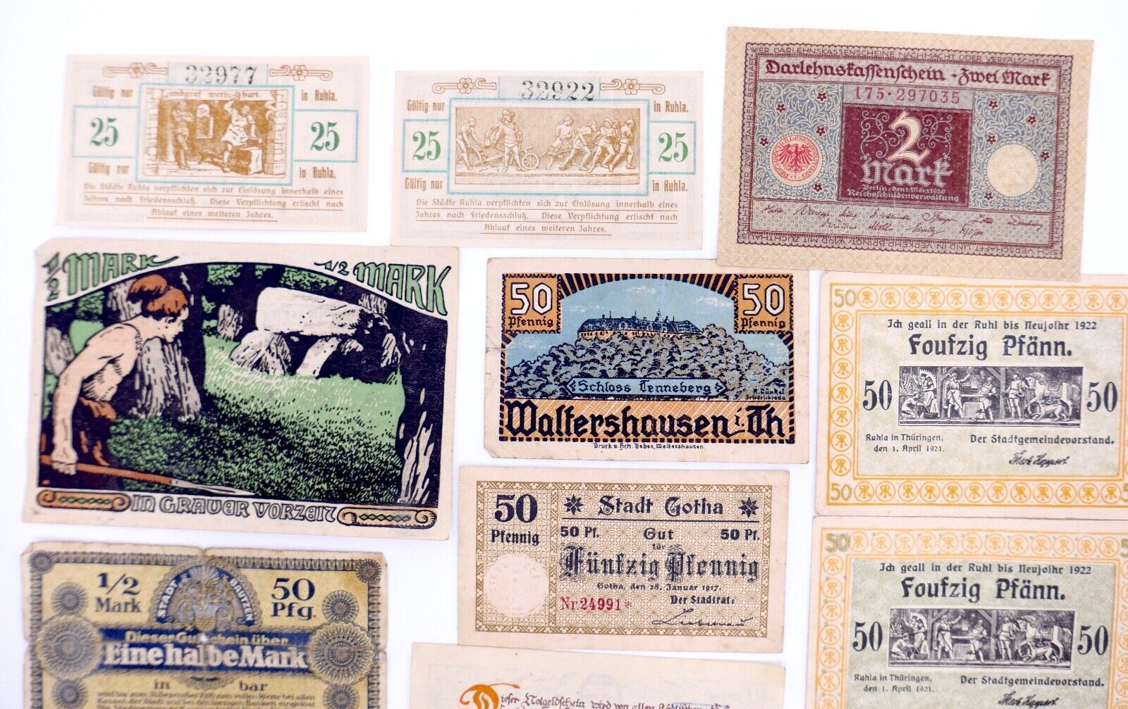 Posten 21 Notgeld Scheine 5 10 25 50 Pfennig 1 2 Mark teilweise UNC unzirkuliert - Antikhandel-Stuttgart