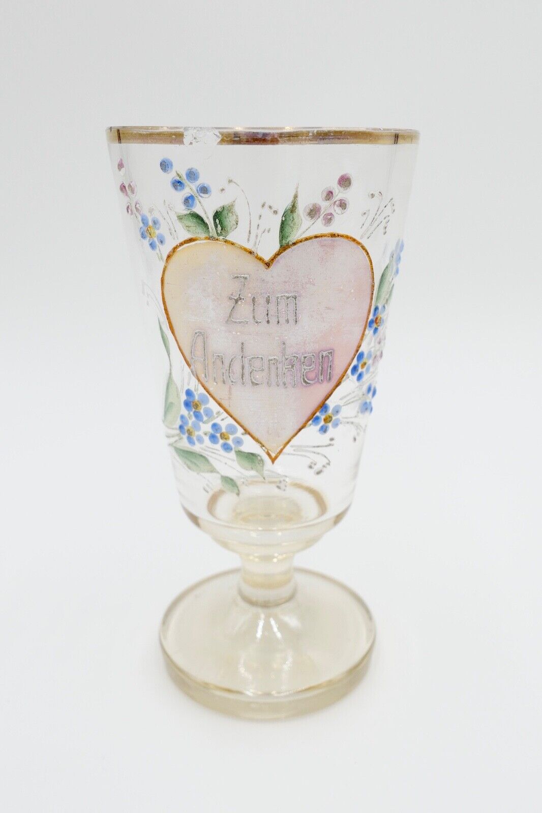 antik Glas / Becher handbemalt zum Andenken 15 cm hoch Gedenkglas - Antikhandel-Stuttgart