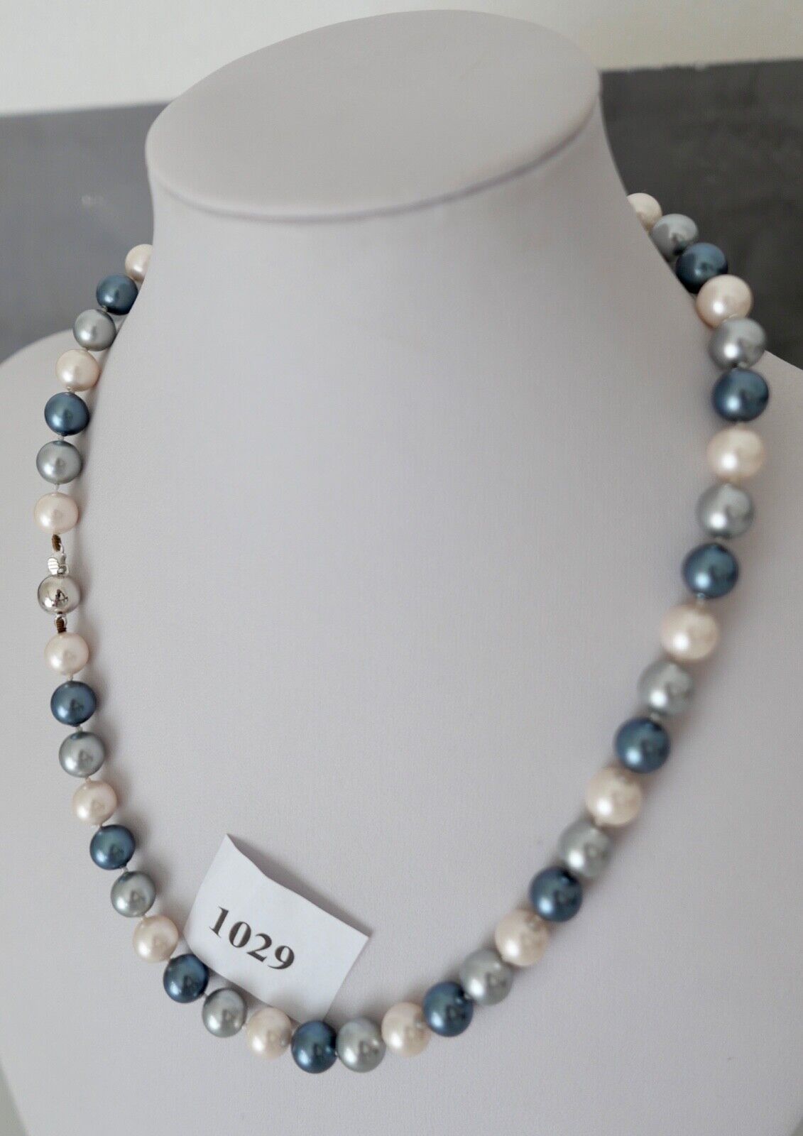 Perlenkette blaue Perlen Gold 585 / 14K pearl Ø 8,2 mm 45,5 cm bunt - Antikhandel-Stuttgart