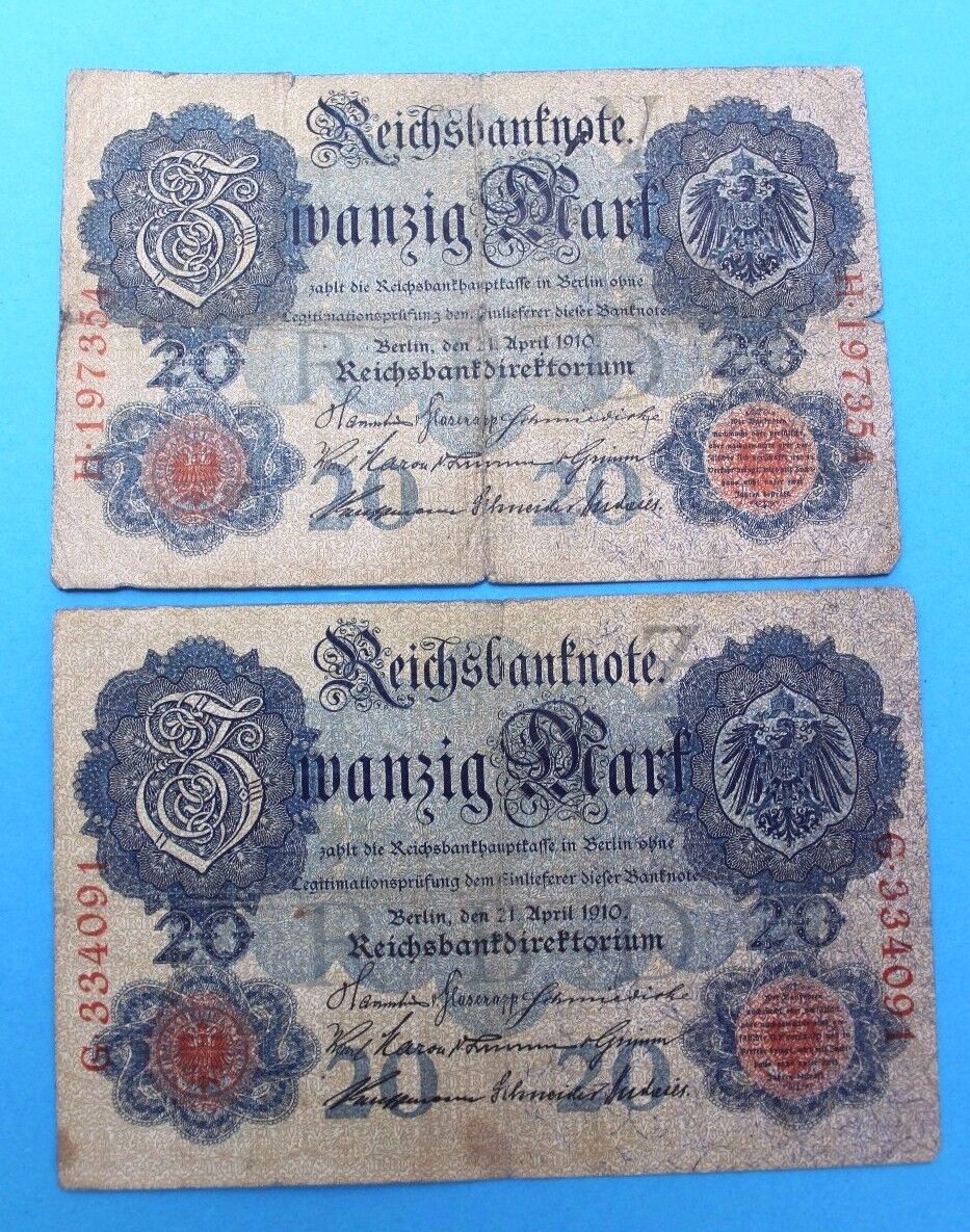 2 x Ro. 40a Banknote 20 Zwanzig Mark 1910 Reichsbanknote old bill German - Antikhandel-Stuttgart