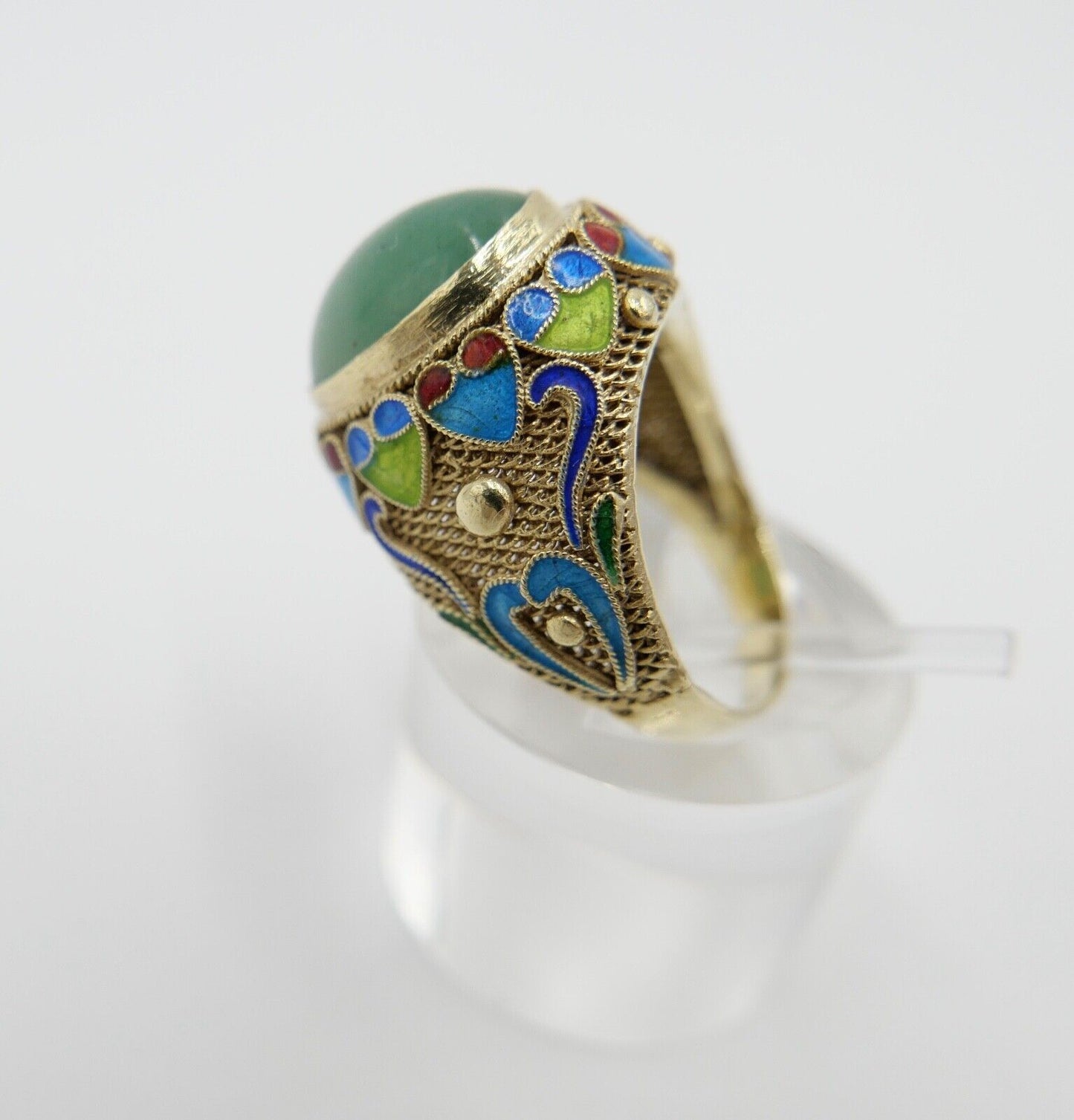 Alter Silber Ring China Silver Emaille & Jade Cabochon Email Gr. 51 vergoldet - Antikhandel-Stuttgart