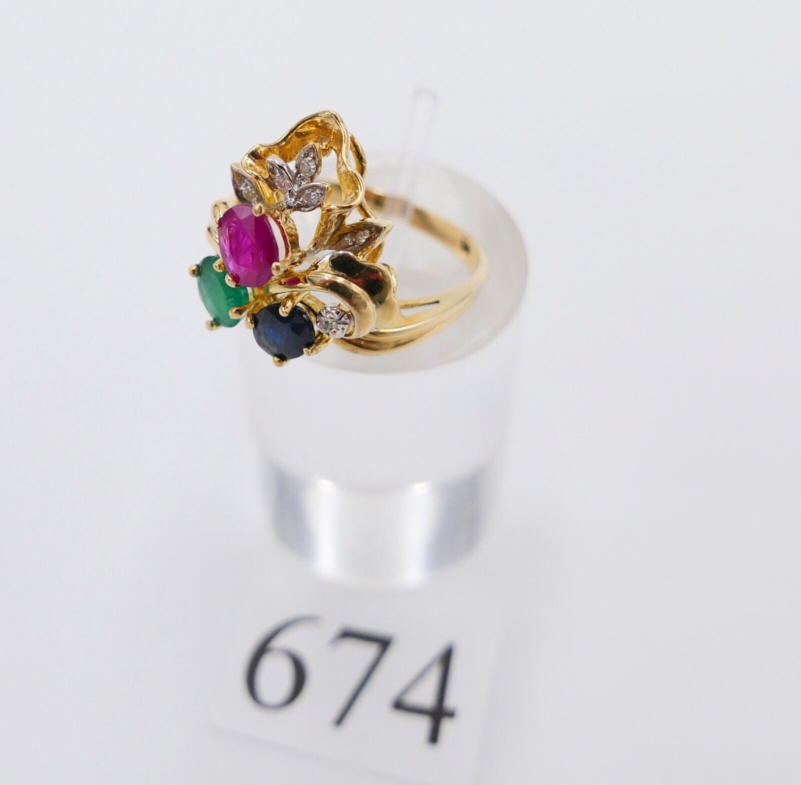 Gelbgold Ring Bunte Edelsteine 585 14K Gr.54 Diamant Smaragd Rubin Saphir 1,11Ct - Antikhandel-Stuttgart