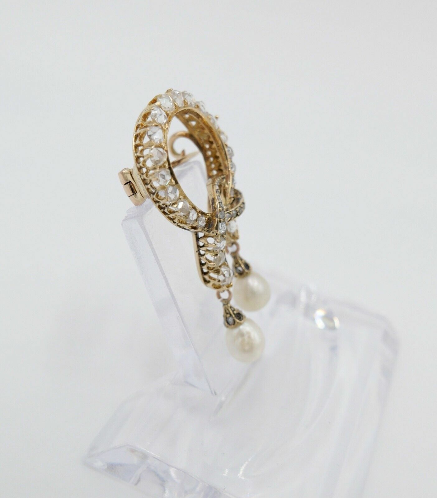 Antike um 1850 Gold Diamant Perle Schleifen Brosche 2,3Ct 585 14K Rosenschliff - Antikhandel-Stuttgart