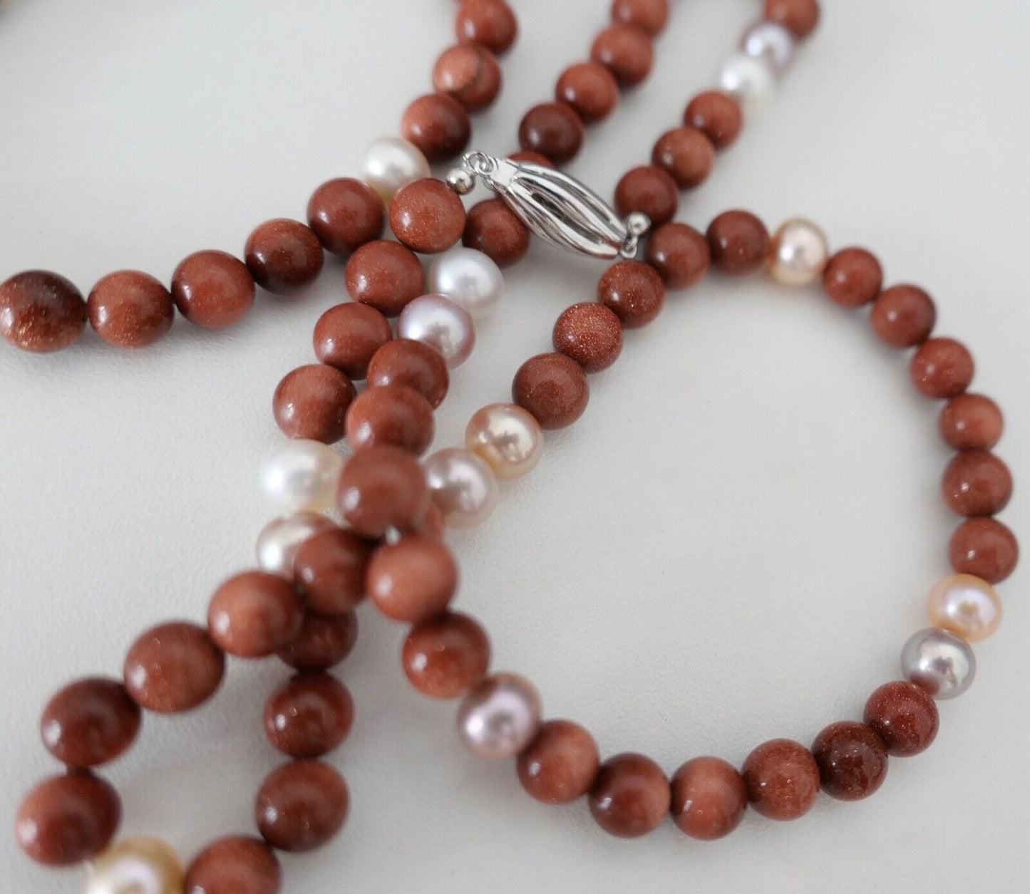 SET Perlenkette Armband Goldfluss Gold 585 /14K pearl Ø 8,3 mm 51 cm rosa Perlen - Antikhandel-Stuttgart