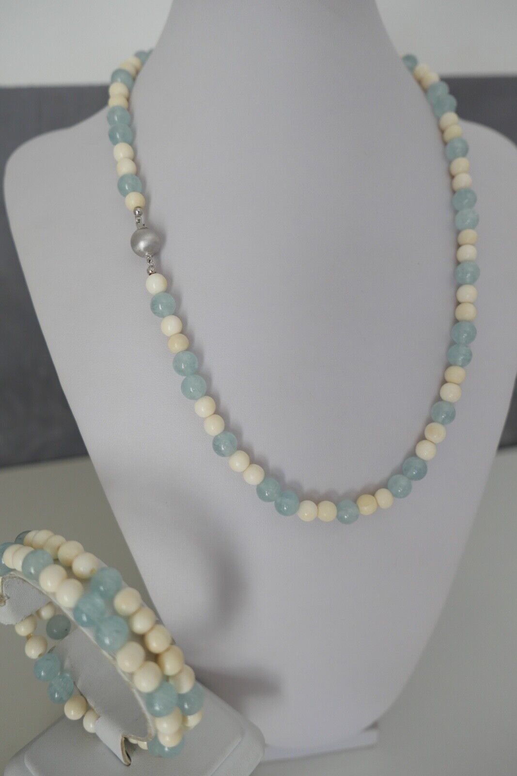 SET 3 Teilig Armband & Kette 55 cm Bein & Aquamarin 585 / 14K Gold - Antikhandel-Stuttgart