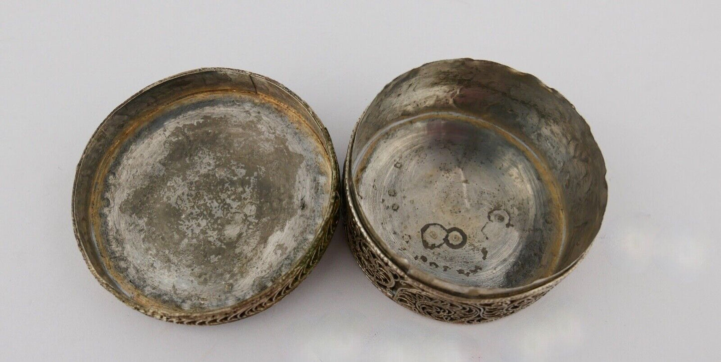 Antike Filigrane Pillendose Dose mit Türkis Ø 50mm Neusilber um 1900 - Antikhandel-Stuttgart