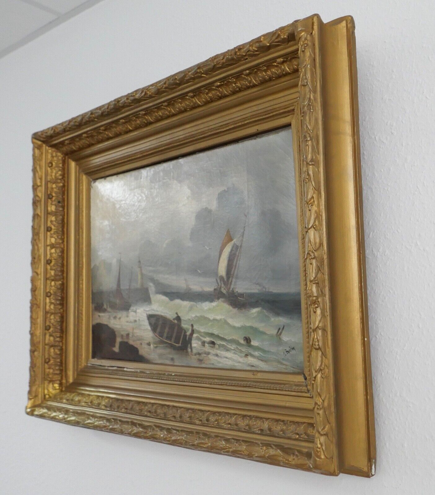 85,5 x 63 cm Gemälde Meer Schiffe Öl auf Leinwand Goldrahmen Prunkrahmen - Antikhandel-Stuttgart