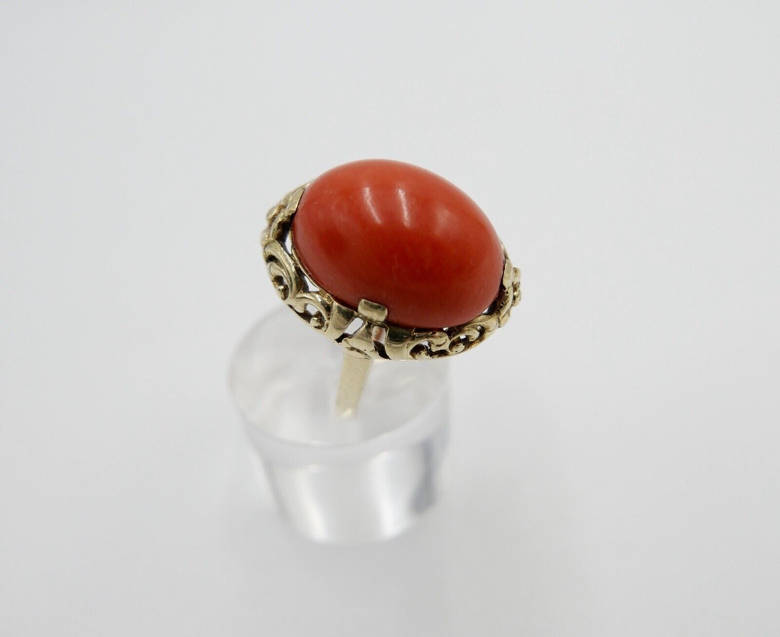 1950er Damenring Gelbgold 585 14K mit Koralle Cabochon Gr. 58 - Antikhandel-Stuttgart