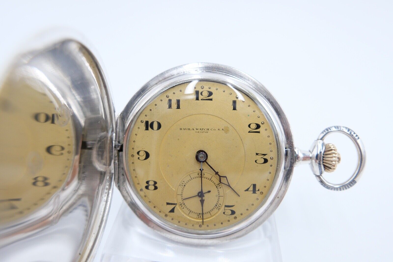 1901-1949 ART DECO SAVONETTE Taschenuhr HAVILA pocket watch Halbmond Krone Silbe - Antikhandel-Stuttgart