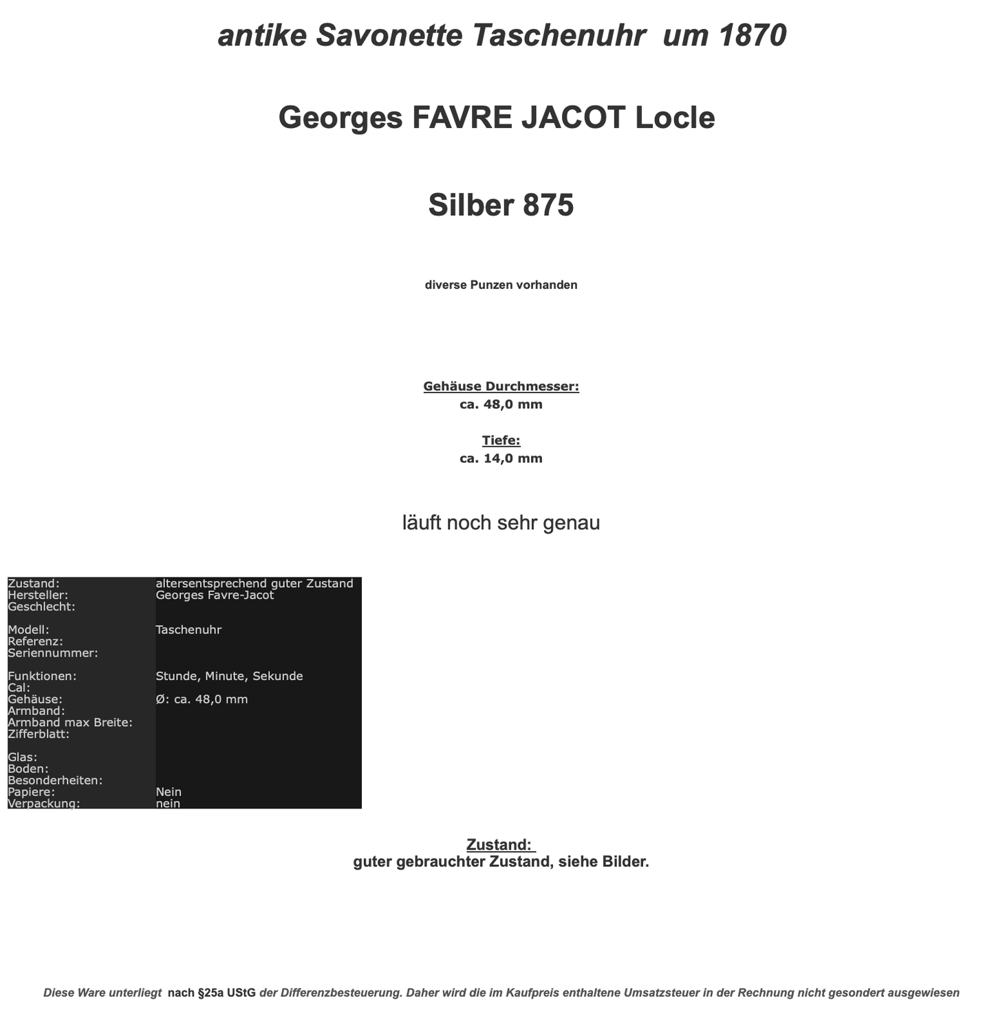 Georges FAVRE JACOT Locle SAVONETTE Taschenuhr Silber 875 - Antikhandel-Stuttgart