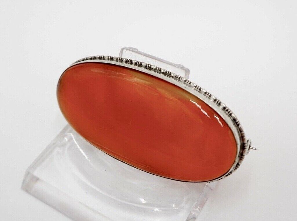Art Deco 20er 30er Jahre große KARNEOL Silber Brosche 59 mm oval - Antikhandel-Stuttgart