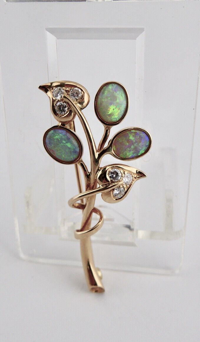 Florale 585 14K Gelbgold Brosche mit Opal und 0,66 Ct Brillanten Ø 50 mm Blume - Antikhandel-Stuttgart