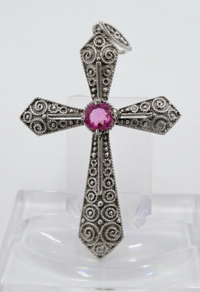 alter filigraner Kreuz Anhänger mit rosa Glasstein 835 Silber 62,0 mm - Antikhandel-Stuttgart